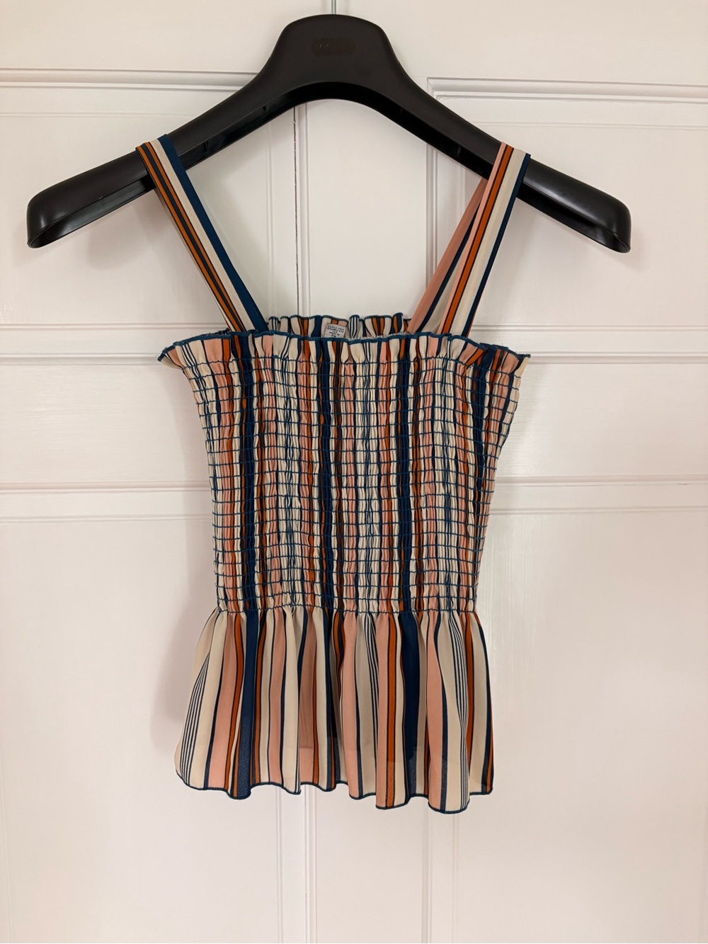 Design Lab Lord & Taylor Striped Smocked Peplum Tank - Navy, Blush, Cream, Tan
